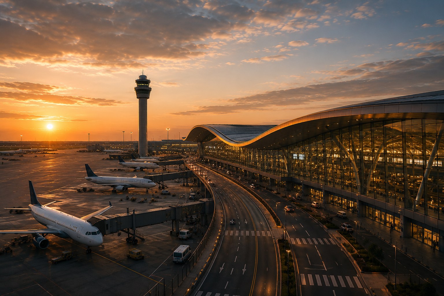 Airport terminal with parked aircraft at dusk